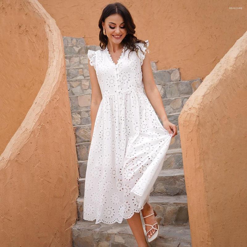 

Party Dresses Long Simple Casual Solid Hollow Out Pure Cotton Holiday Style High Waist Fashion Mid-Calf Summer, Blue