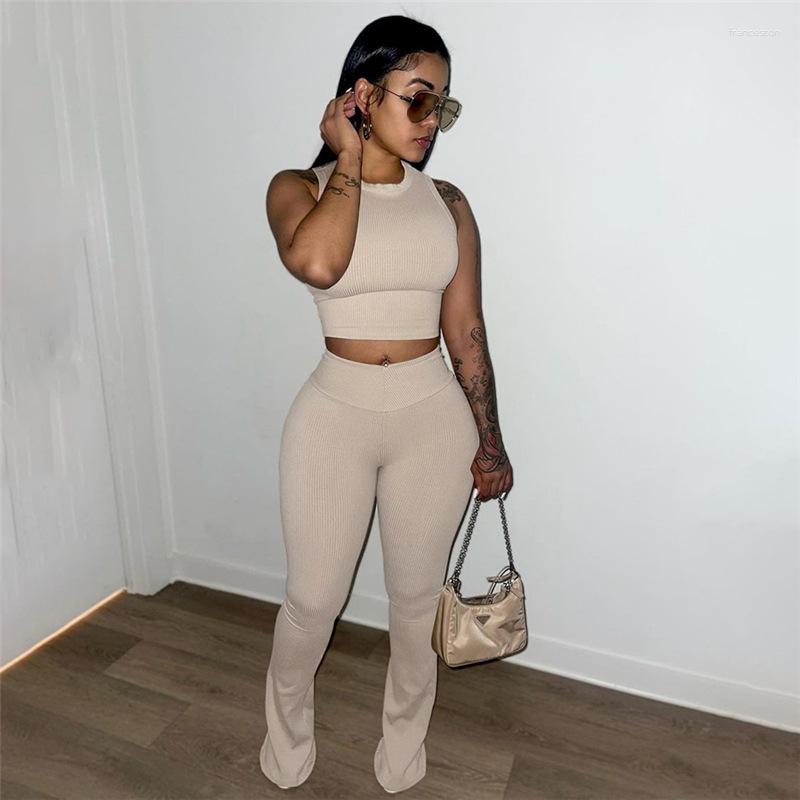 

Women' Two Piece Pants Aniow Sleeveless Round Neck Crop Top Tank And Hight Waist Flare Set Skinny Bodycon Tracksuit Summer, Khaki