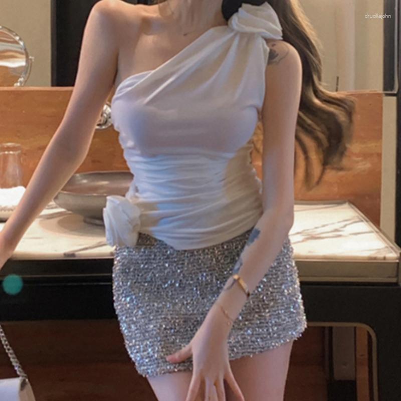 

Work Dresses 2pcs Sets Women Outfits Fashion 3D Flower Sleeveless Skew Collar Solid Colours Tops Elastic High Waist A-line Skirts Femme, Creamy-white