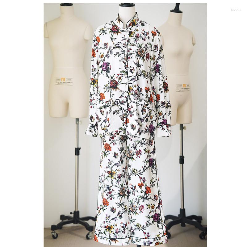 

Women's Two Piece Pants 23 SS High Quality Printing Silk Sets Women Retro Senior Plate Buckle Chinese Stand Collar Tops Elegant Wide Leg