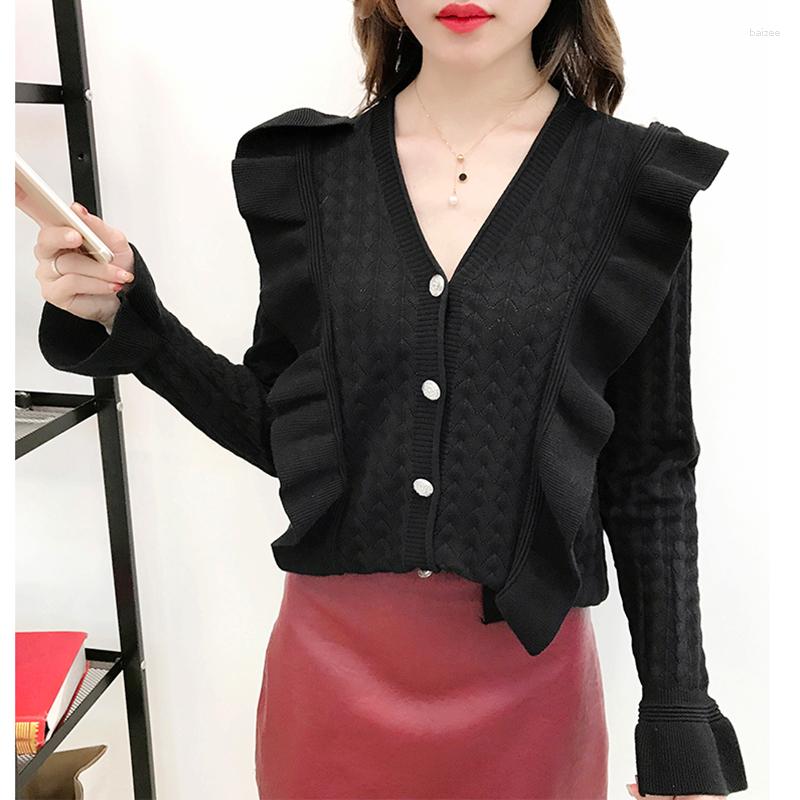 

Women's Knits Retro Knitted Cardigan Women Hollow Out Ruffled Flare Sleeve V-neck Single Breasted Sweater Sueter Mujer, Black