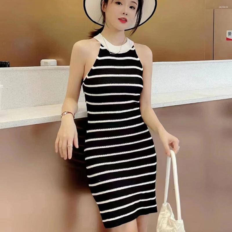 

Casual Dresses Spring Summer Halter O-Neck Knit Stripe Mini Dress Women's Elegant Sheath Hollow Out Shoulder Tank Bodycon Above Knee, Black