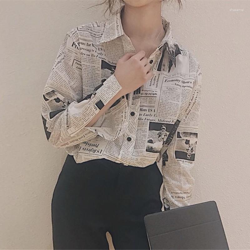 

Women' Blouses Spaper Print Chiffon Shirt Spring Summer Fashion Blouse 2023 Long Sleeve Turn Down Collar Korean Style Casual Clothing, Black