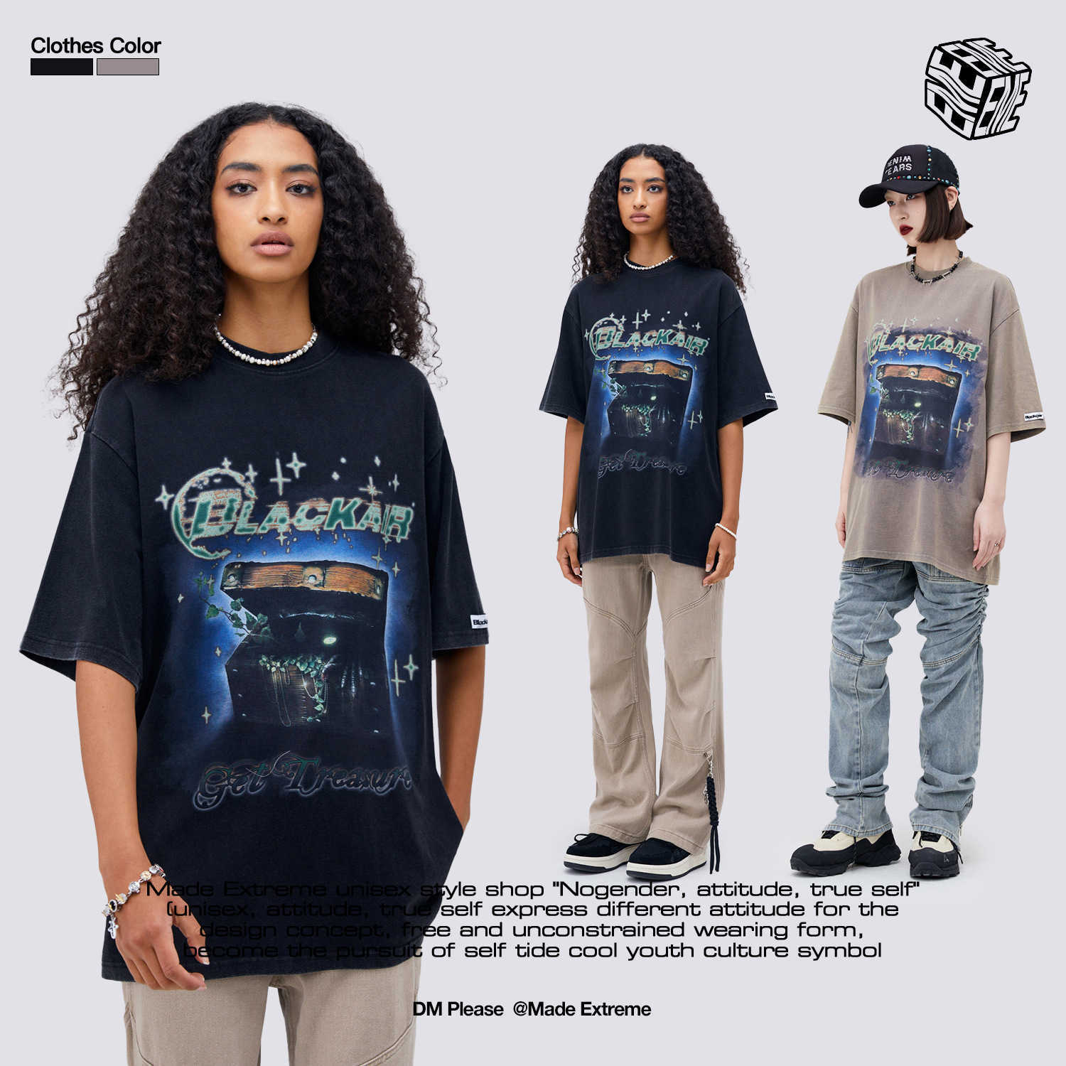 

BLACKAIR American Street Treasure Chest Printing Fashion Brand Men's Small Neckline Washed Old Short Sleeve T-shirt Unisex, Brown