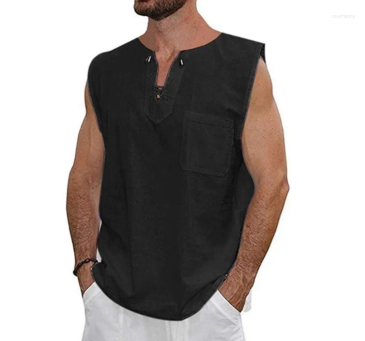

Men's Tank Tops Men V Neck Bandage Summer Casual Hollow Out Vest Male Solid Color Sleeveless -3XL, Black