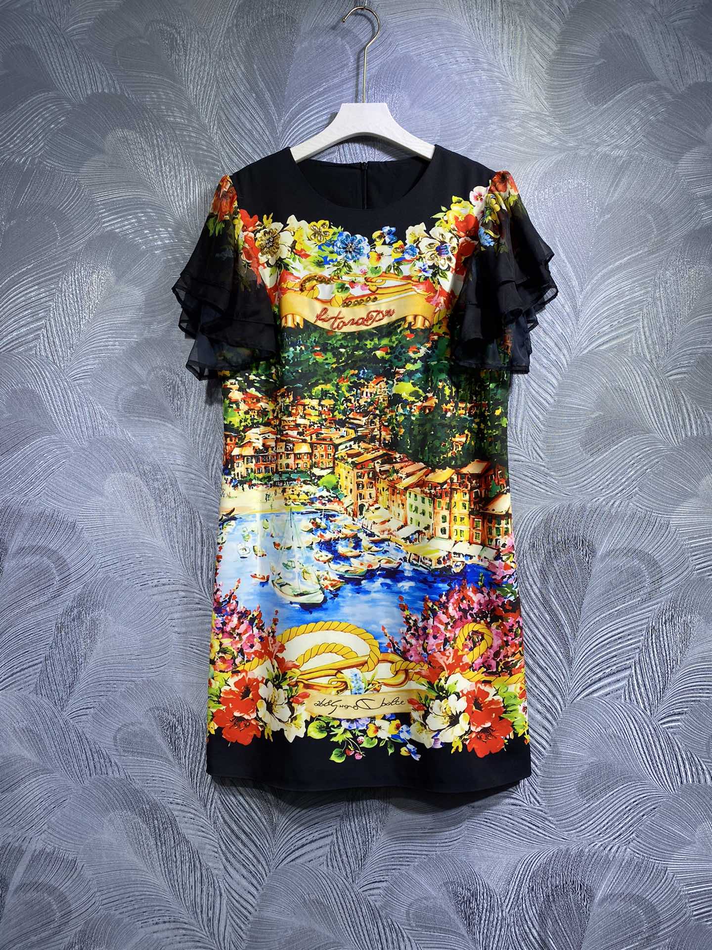 

Dress 2023 Spring and Autumn Women's Beaded Dress Fashion Printed Round Neck Ruffled Short Sleeve Elegant Dress Dual Color S-XL Designer Style Black