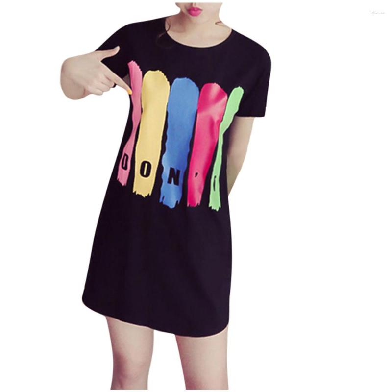 

Casual Dresses Women Dress Fashion O-Neck Short Sleeve Ladies Long Printed Loose Mini Dressed As A Woman Z0408, Black