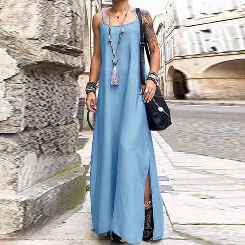

Casual Dresses Summer Fashion Adjustable Straps Denim Women's Dress Sexy Sleeveless O-Neck Solid Color Sundress Female Holiday Robe 2023, Navy