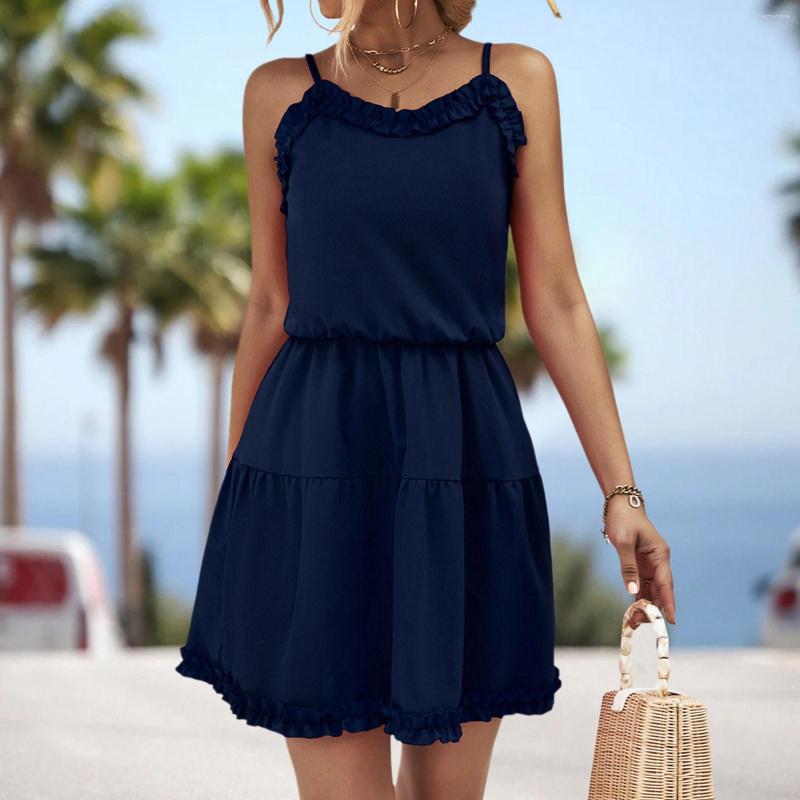 

Casual Dresses Women Solid Color Halter Ruffle Dress A Line Beach Long Robe Comfy For Travel, Blue