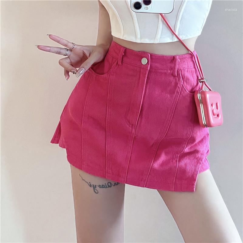 

Skirts Badawen - Irregular Pink Denim Skirt High Waist Package Hip Short Girls Mini Sexy Y2k, Photo color