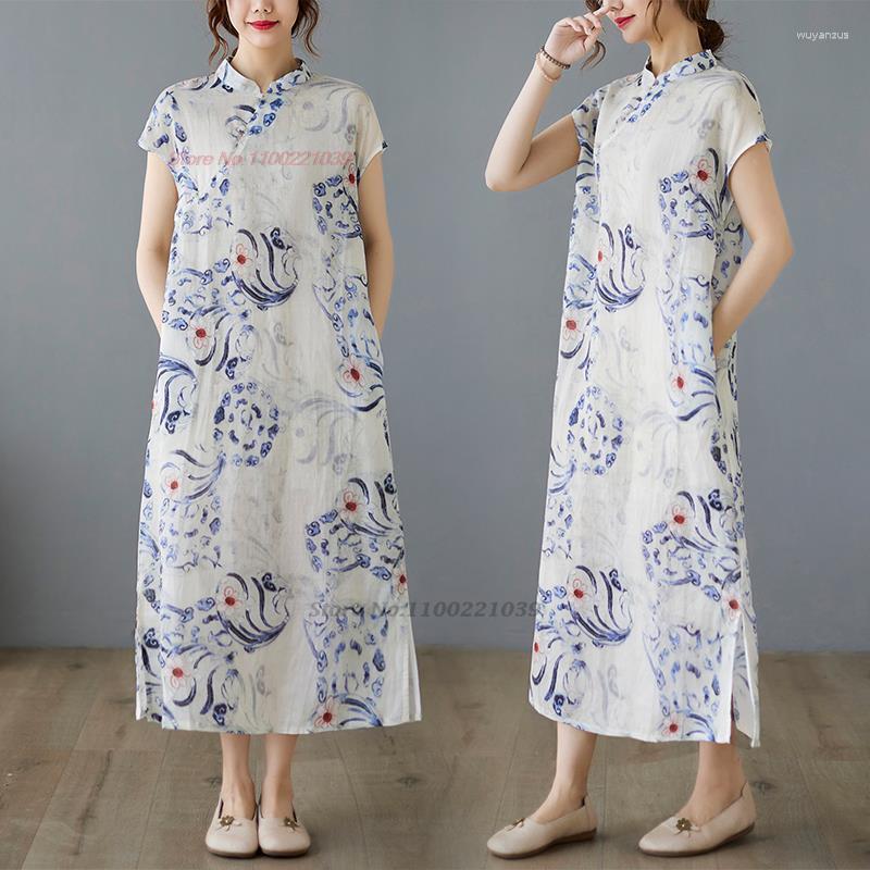 

Ethnic Clothing 2023 Chinese Traditional Cheongsam Dress National Cotton Linen Qipao Retro Floral Printing Oriental