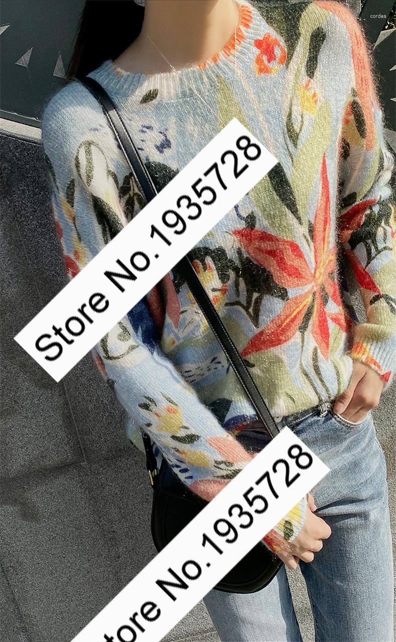 

Women' Sweaters Ladies Mohair & Wool Blend Round Neckline Flower Intarsia Printing Knitted Sweater Jumper Top, Multi