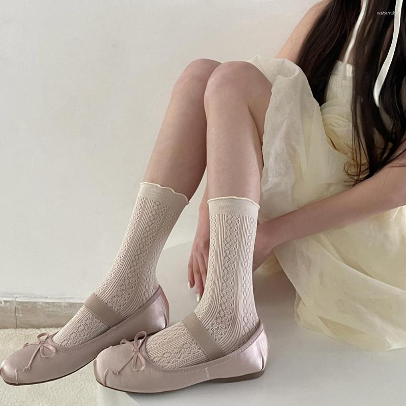 

Women Socks Japanese Lolita Style JK Thin Hollow Out Mesh Breathable Cute Curled Edge Girls Mid Tube Stockings, Black