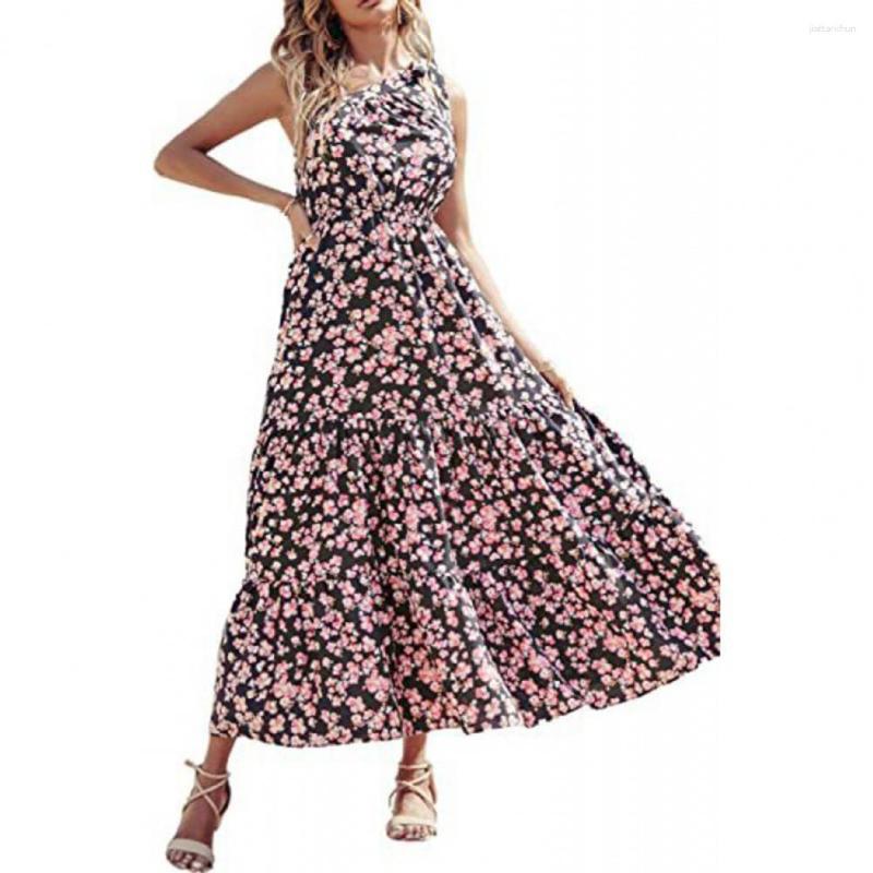 

Casual Dresses Knot One Shoulder Maxi Dress Sleeveless Waist Tight High-Waist Summer Women Sweet Floral Print Ruffle Hem, Black