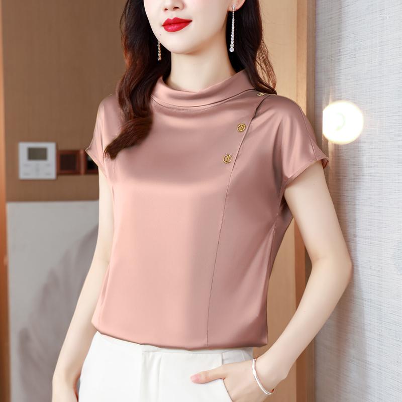

Women's Blouses -3XL Elegant Korean Women Tops Solid Color Stand Collar Silk Satin Blouse Short Sleeve Summer Workwear OL Shirt, Pink