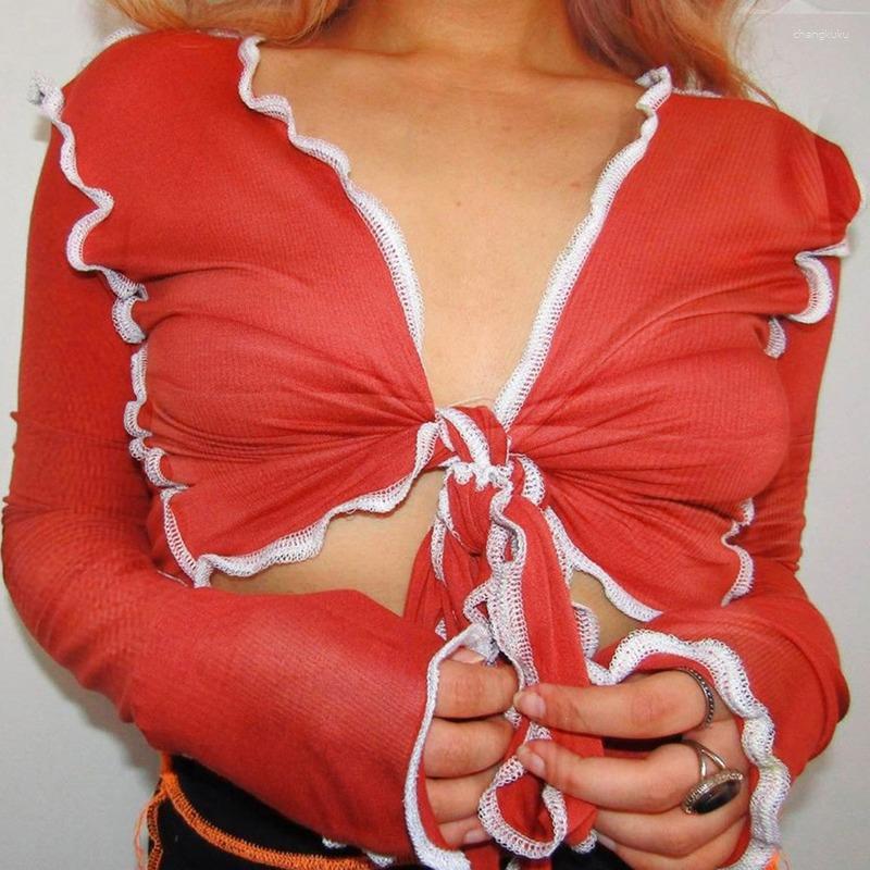 

Women' T Shirts 2023 Women Long Sleeve Sweet Large Bow Red Crop Tops E Girl Shirt Y2k Sexy V-Neck Solid Streetwear Fashion Slim T-shirt, Blue