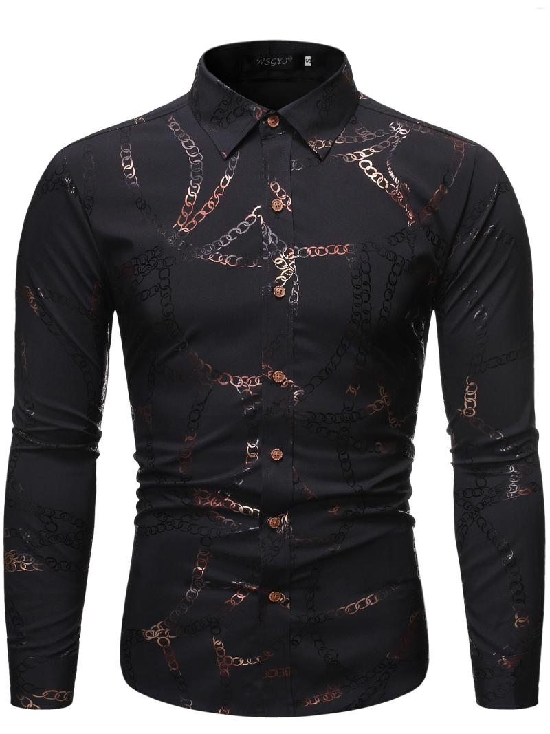 

Men's Casual Shirts Chain Pattern Lapel Long Sleeve Shirt, Black color