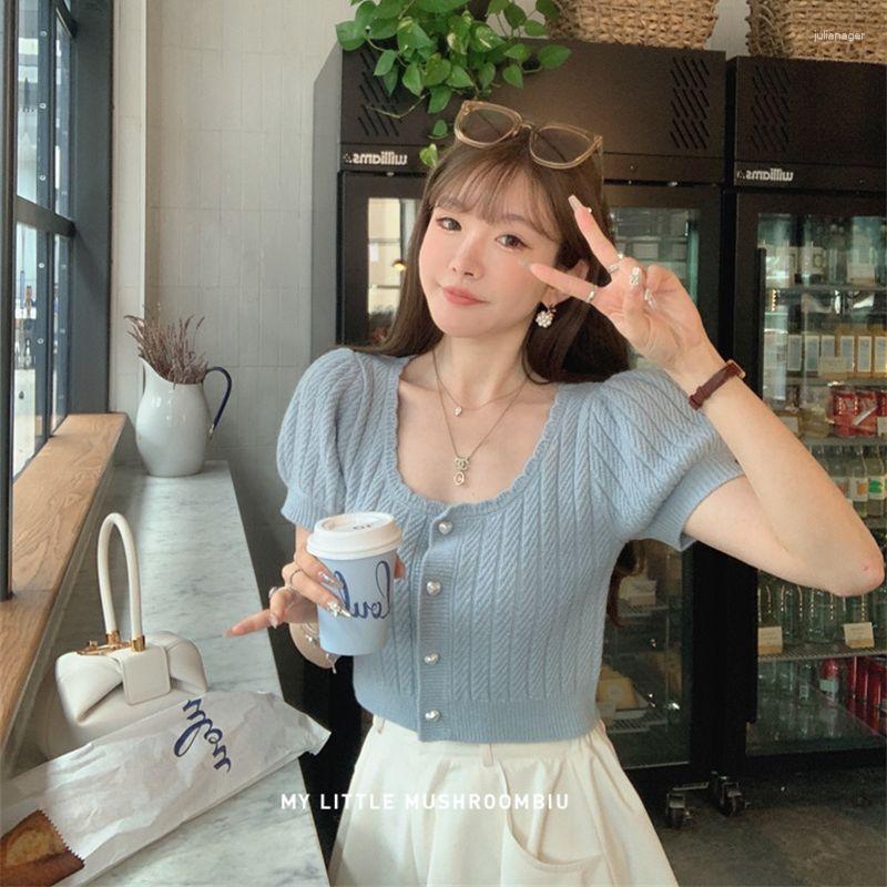

Women's T Shirts Streetwear Knitted Cardigan Women 2023 Summer Chic Heart Buttons Y2k Cropped Tops Ladies Square Collar Elegant Sweaters, Black