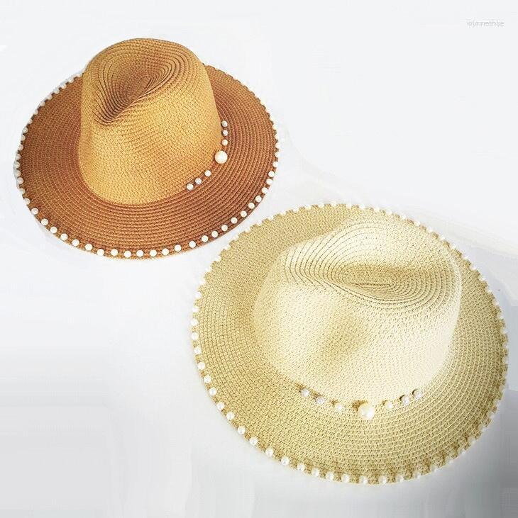 

Berets Women Summer Beading Straw Hat Sun UV Protection Holiday Female Beach Panama Cap Gorros, White
