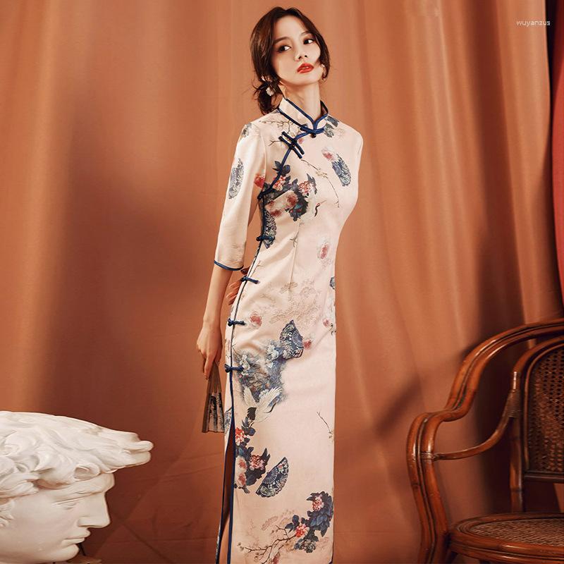 

Ethnic Clothing 2023 Women Suede Long Cheongsam Dress Pink Floral Vintage Slim Autumn Evening Wedding Dresses S To XXL