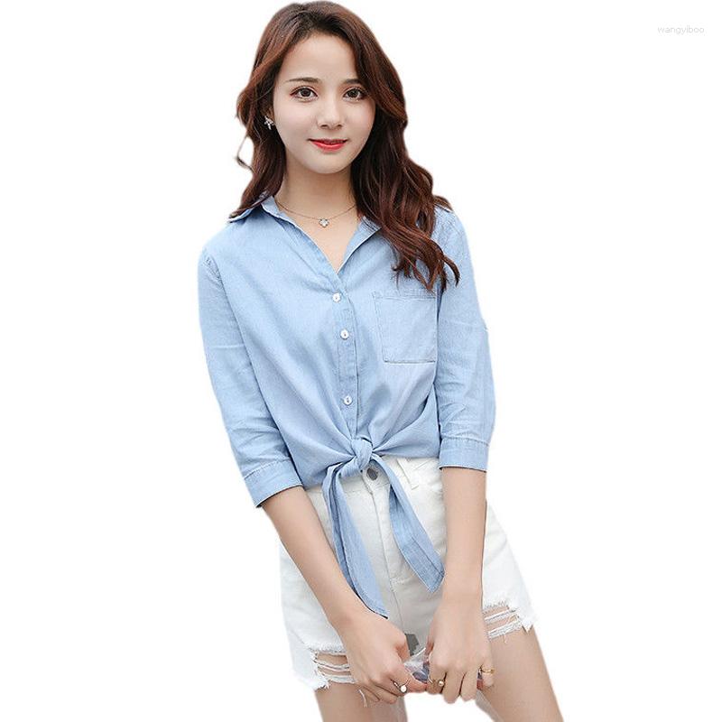

Women's Blouses Summer Women Denim Shirts Fashion Hem Tie A Knot Jeans Cape Jacket Thin Loose Short Tops, Dark blue