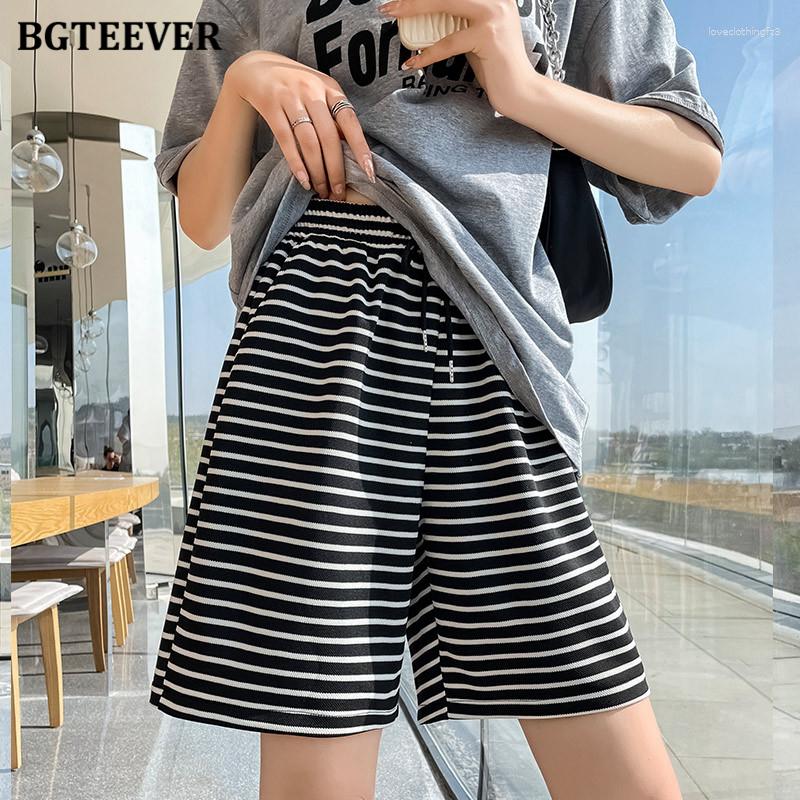 

Women's Shorts BGTEEVER Chic Stylish Elastic High Waist Lace-up Female Striped Fashion Loose Summer Women Pockets Wide Leg, White