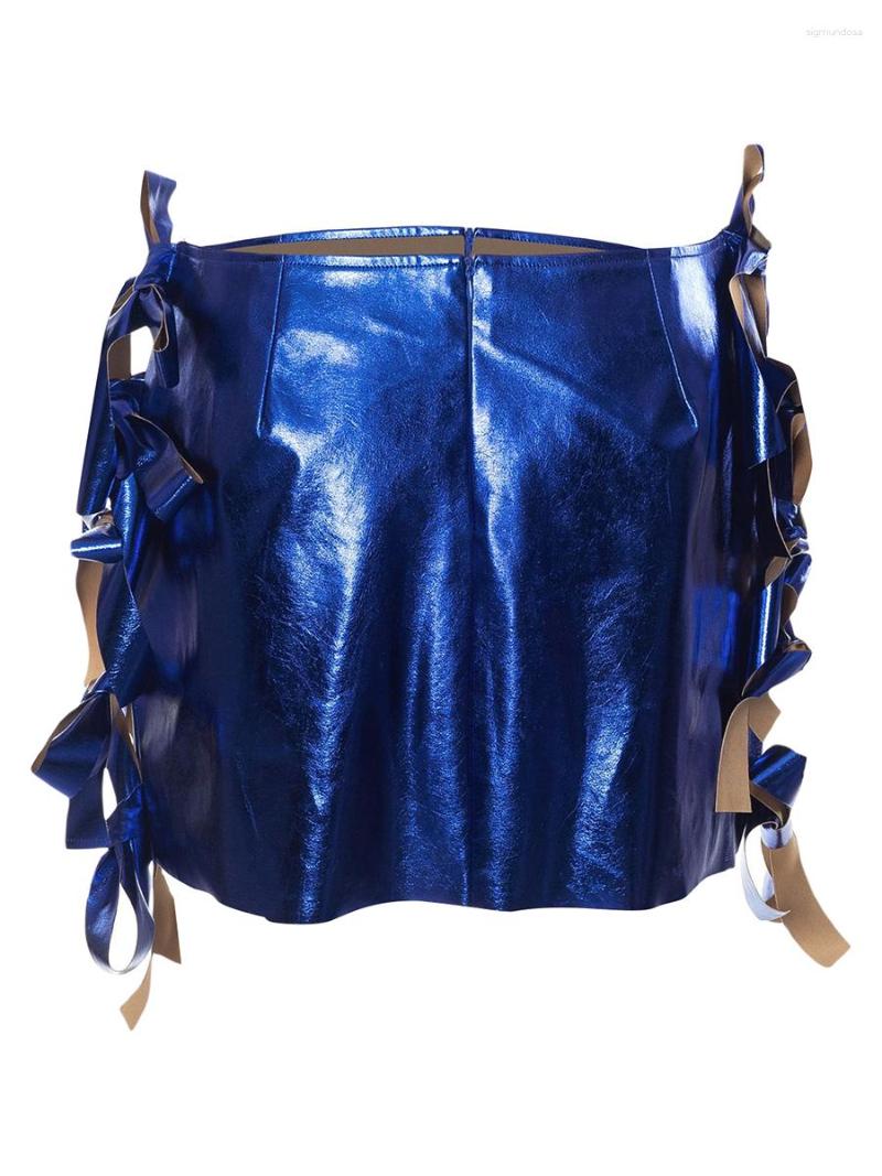 

Skirts Elegant And Chic Women  Metallic Skirt With Bow Tie Detailing Perfect For Clubbing Streetwear Mid Waist Bodycon Mini, Blue