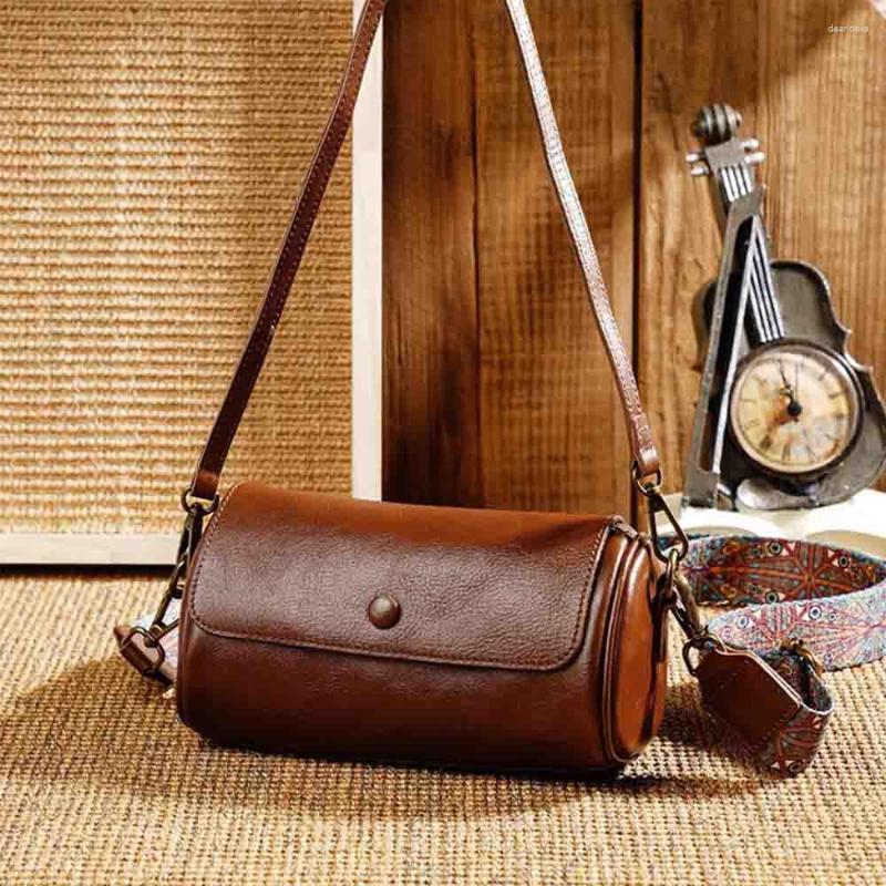 

Evening Bags MS Retro Cow Leather Woman Bag Luxury Female Barrel Shaped Wide Shoulder Strap Vintage Messenger Mini Tote2023, Green