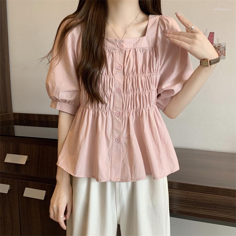 

Women's Blouses DUOFAN Korean Short Shirts Women's 2023 Summer Square Neck Short-sleeved Blusas Tops Sweet Solid Pleated Design Lady, Pink