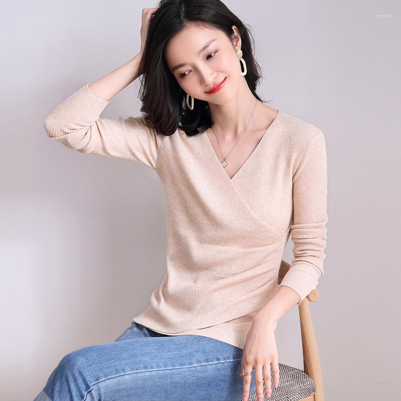 

Women' Sweaters Knit Sweater For Woman Long Sleeve Criss-Cross Neck Pleated Knitted Puffover Office Lady Style Plain Tops Female Fitted