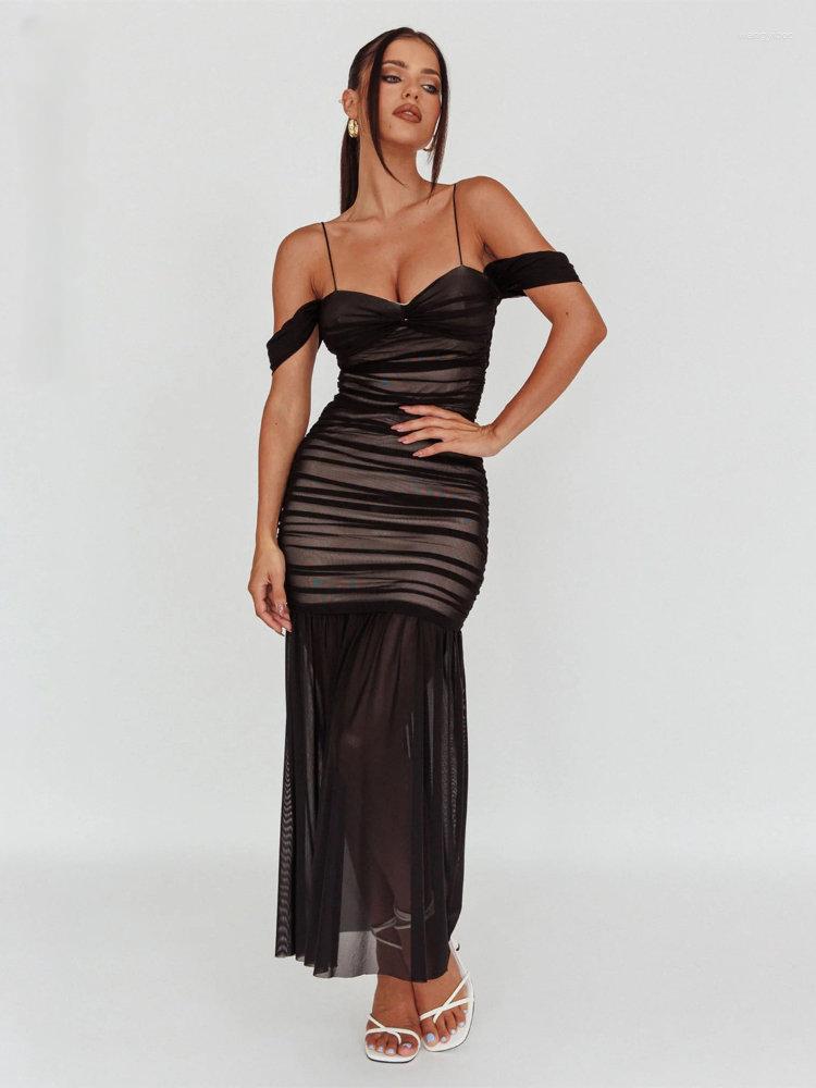 

Casual Dresses Summer Sexy Off Shoulder A Line Women Black Brown Ruched Mesh Sheer Elegant Party Evening Long Maxi Dress 2023