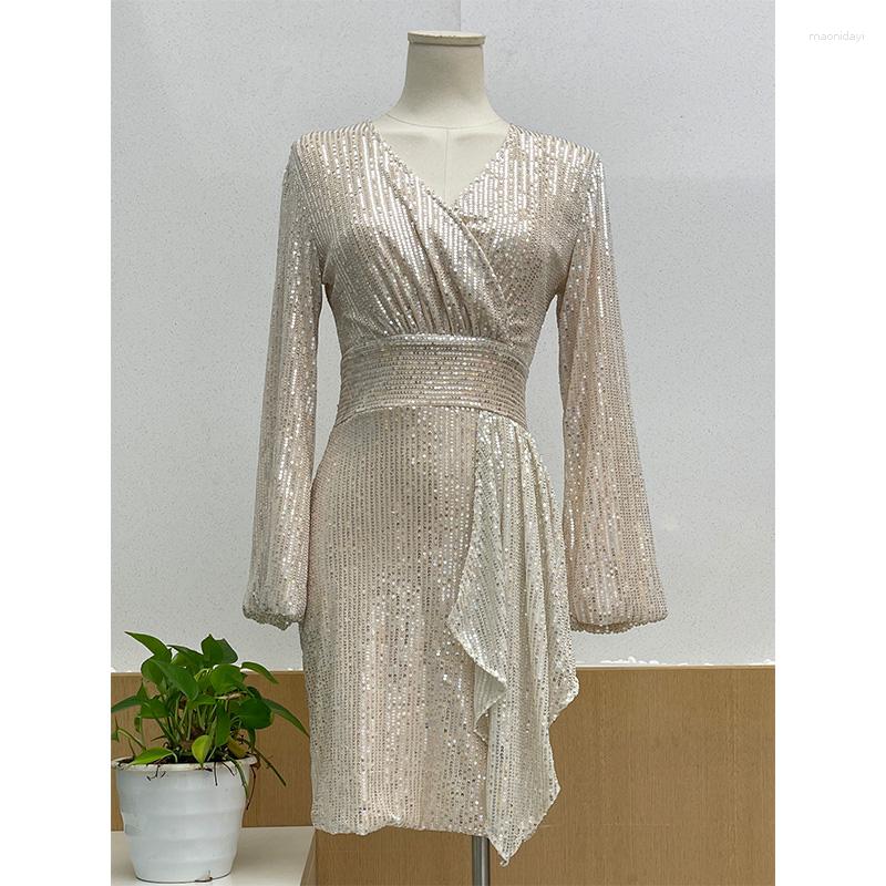 

Casual Dresses Fashion Light Luxury Sequined V-neck Dress Skirt Niche Celebrity Temperament Package Hip Waist, Apricot