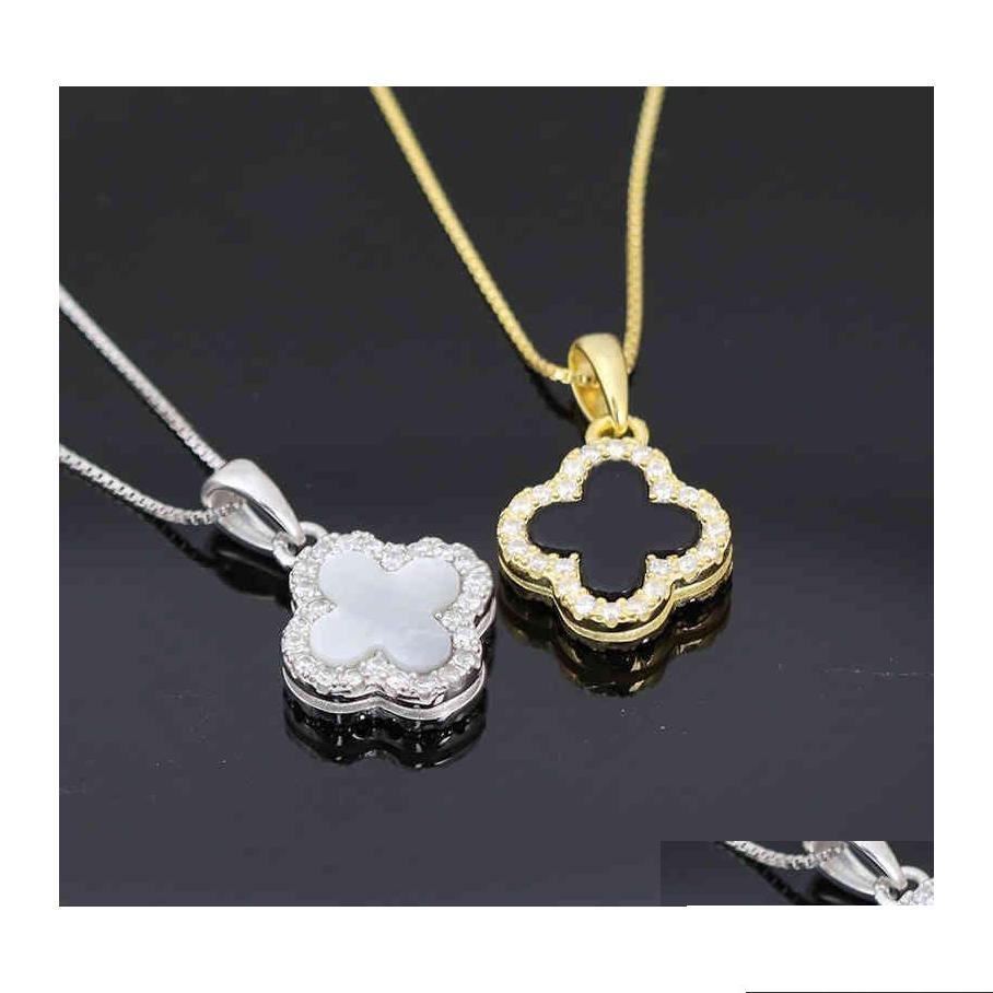 

Pendant Necklaces S925 Sterling Sier Blackandwhite Doublesided Clover Necklace For Women A Two Wearing Fritillaria Four Leaf Flower Dhntk