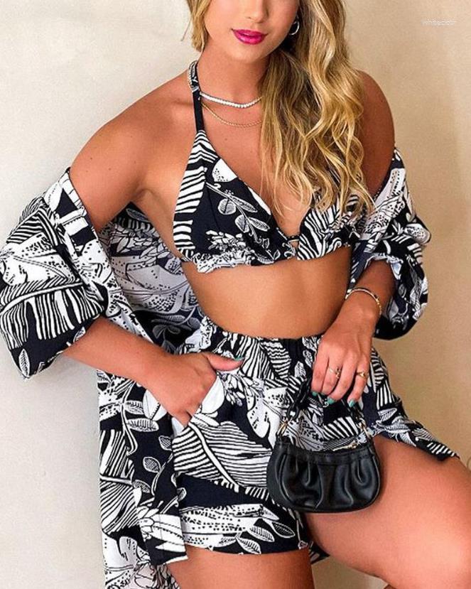 

Women' Tracksuits Women' Swimsuit Three-Piece Set 2023 Summer Sexy Tropical Print Shirt Shorts Vacation Mesh Split Bikini