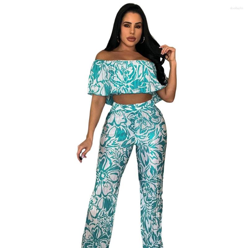 

Women' Two Piece Pants Floral Pleat Women' 2 Set Wide Leg Loose Off Shoulder Butterfly Print Sleeve Crop Top 2023 Outfit Tracksuit, Blue