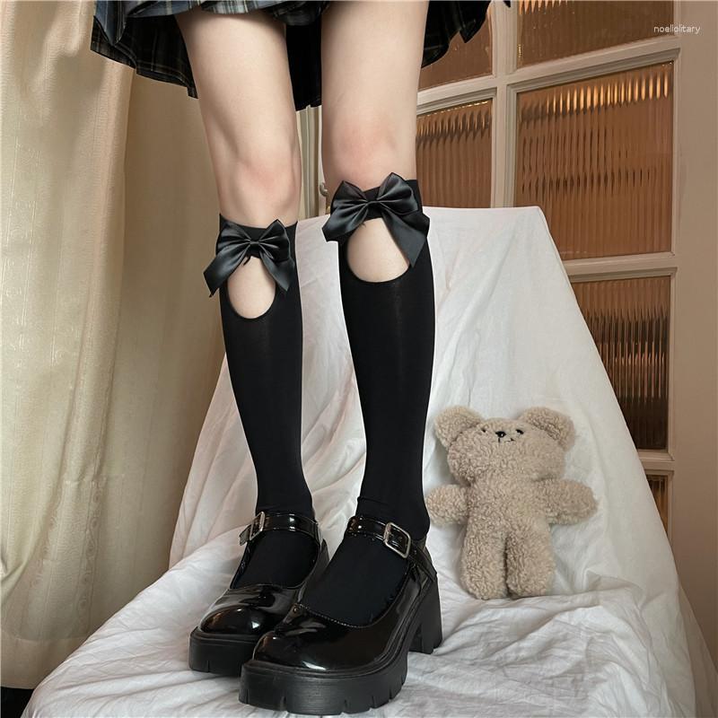 

Women Socks Summer Sweet Bowknot JK Lolita Club Costumes Sexy Hollow Out Girls Knee High Sock Female Sokken, Black