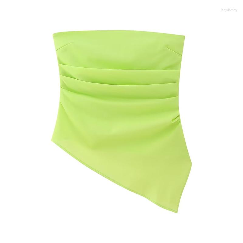 

Women's Tanks Woman Fashion Fluorescent Green Strapless Tank 2023 Summer Girls High Street Asymmetrical Pleated Female Chic Party Tops
