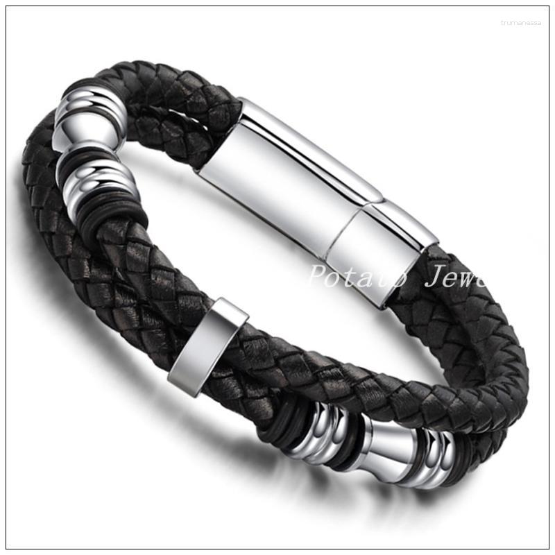 

Link Bracelets Chain 20.5cm 12mm Silver Gold Color Stainless Steel Magnetic Buckle Double Black Genuine Leather Men's Women's
