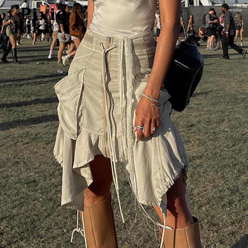 

Skirts PixieKiki Drawstring Cargo Asymmetrical Y2k Streetwear Festival Outfits Womens Beige Long For Womans P77-DF30