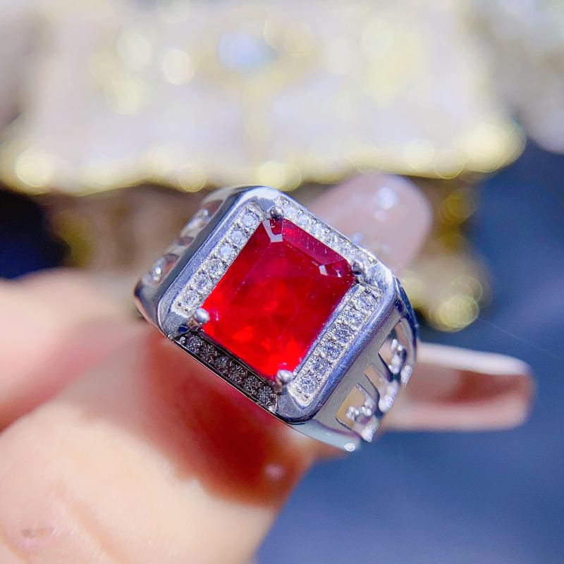 

Cluster Rings Natural Ruby Men's Ring Classic Square 925 Sterling Silver