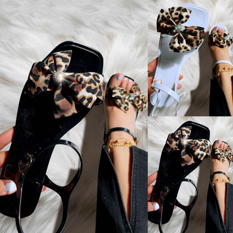 

Sandals In Bottom Beach Leopard Flat Shoes Print Summer Spring Women Bow Wedge For Leather, Black