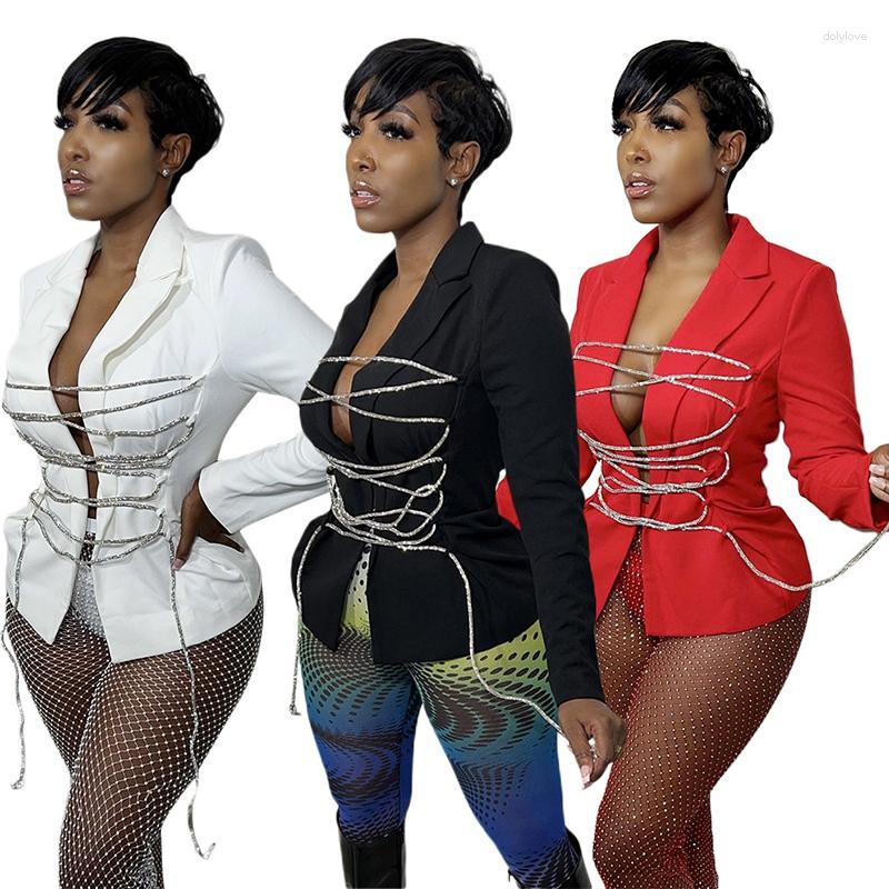 

Women's Jackets Sexy Golden Rope Lace Up Blazer 2023 Autumn Long Sleeve Deep V Neck Bandage Coats Slim Fit Outerwear S, Red