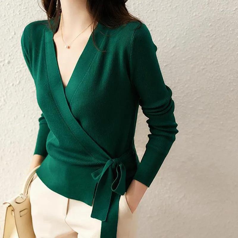 

Women's Knits Spring Long-sleeved Knitted Cardigan Fashion V-neck Top Temperament Lace-up Sweater Women Elegant Bottoming Shirt Knitwear, Short sleeves