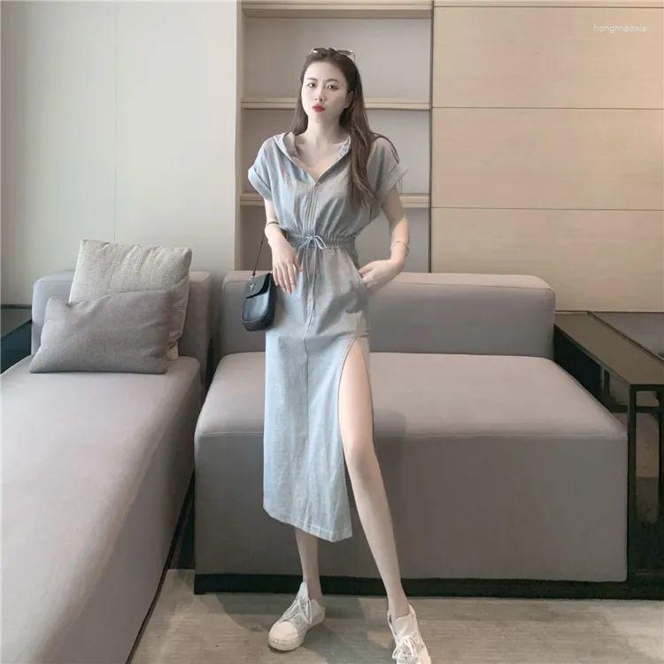 

Casual Dresses Korean Version Hooded Short Sleeved Dress For Women' Summer Style With A Waistband And Split A-line Long Skirt, Black