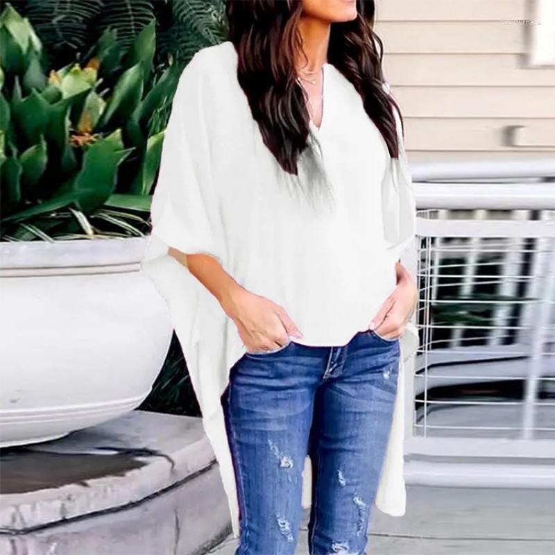 

Women' Blouses Summer Front Short Back Long Blouse Woman Fashion Bat Sleeve Tops Vintage Simple Irregular V-neck Loose Print Shirt Blusas, Black