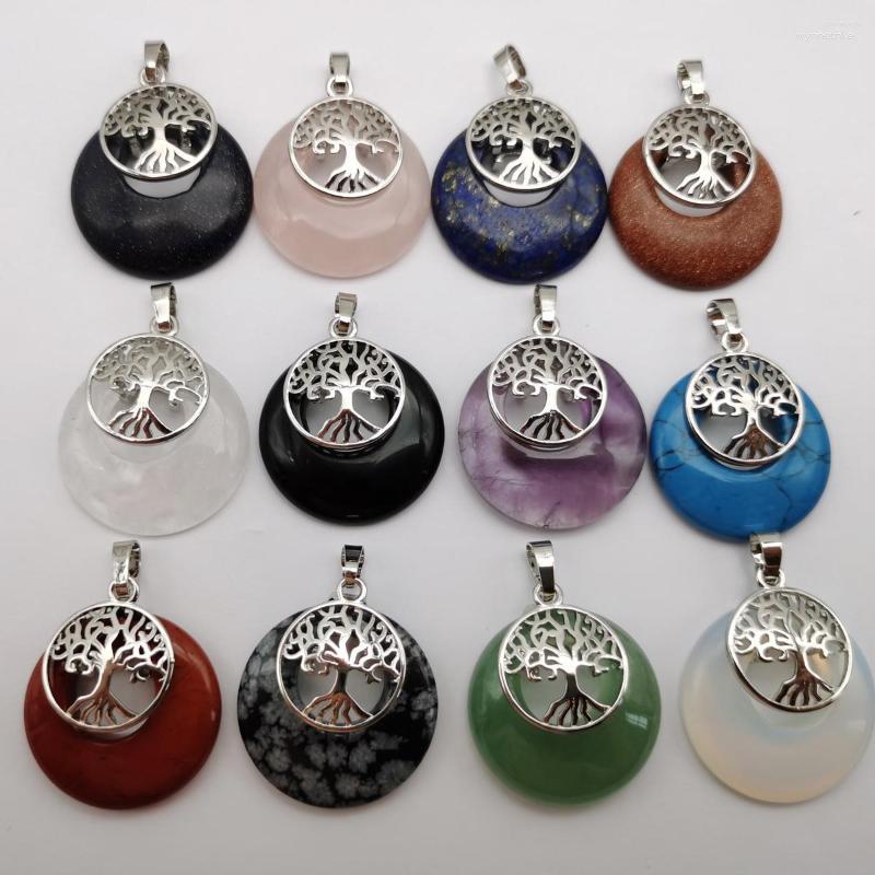 

Pendant Necklaces Green Aventurine Crystal Obsidian Opal Sandstone Lapis Red Stone Gem Circle Tree Of Life Jewelry For Gift 1PCS