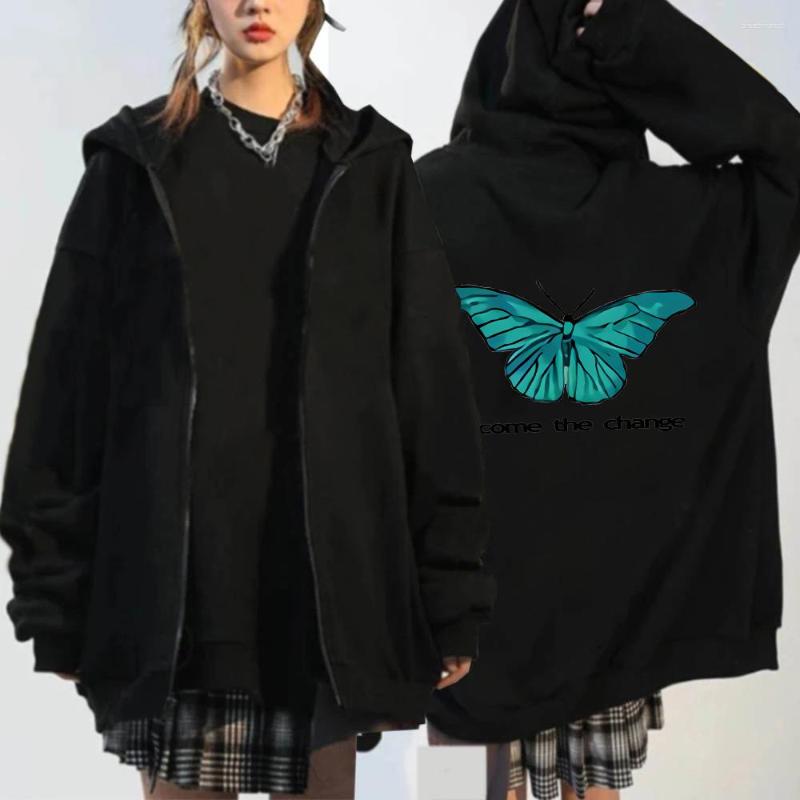 

Women's Hoodies Women Causal Y2k Green Butterfly Goth Zip Up Hooded Winter Unisex Warm Streetwear Harajuku Kpop Loose Zipper Jacket Coat, Black