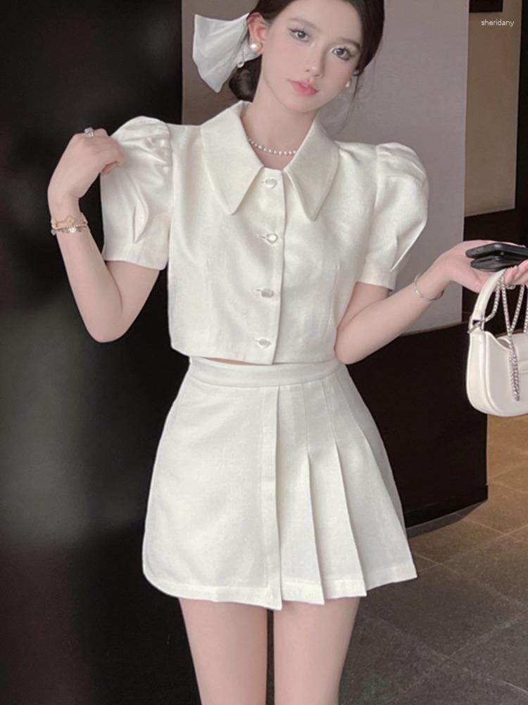 

Work Dresses 2023 Summer Two Piece Set For Women Crop Top Pleated Short Skirt Suits Conjuntos Cortos 2 Sets Outfit, Beige