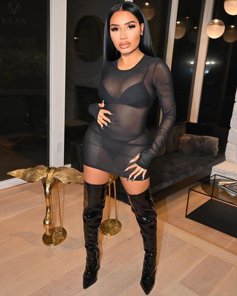 

Casual Dresses VAZN 2023 Autumn See Through Lace Open Sexy Free Young Dress Full Sleeve Women Thin Mini Vestido, Black