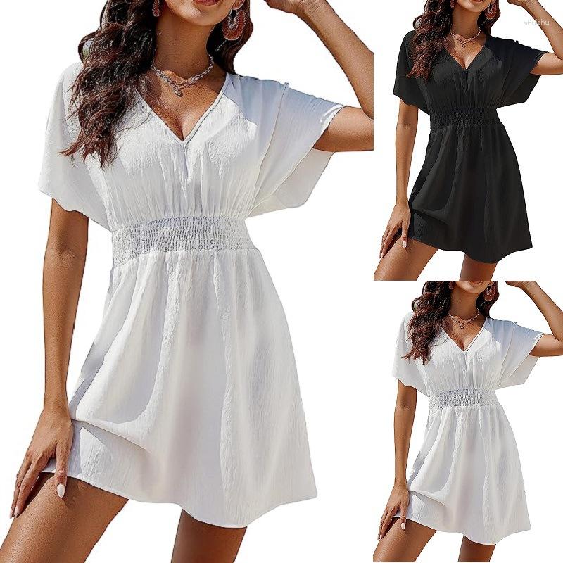 

Casual Dresses 2023 Summer Beach Sunscreen Dress V-neck Pleated Women, Black